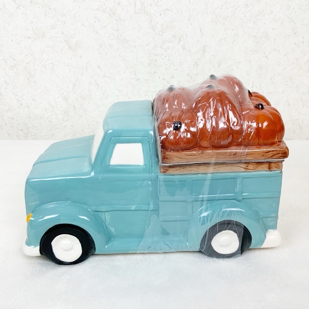 Fall Blue Truck Cookie Jar Ceramic Retro Style Harvest Thanksgiving Farmhouse